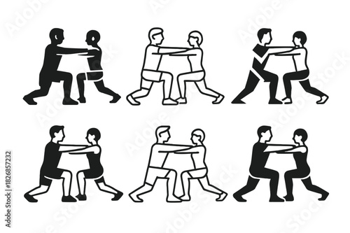 Personal Trainer Logos. A personal trainer demonstrating a workout move for a client. Icon set. Set Logo of a personal trainer demonstrating a workout move for
