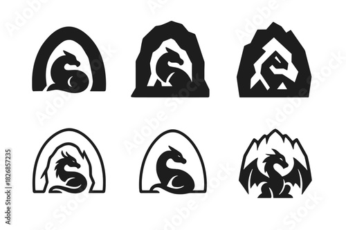 Dragon Cave Logos. Lair. Icon set. Set Logo of lair: dragon cave. harmonious logo variations of the same emblematic concept, each with different artistic