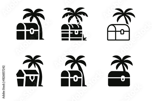 Hidden Travel Icons. Hidden travel gems. Icon set. Set Logo of hidden travel gems: treasure chest under palm. harmonious logo variations of the same emblematic
