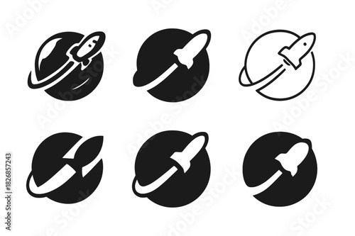 Planetary Exploration Logos. Space exploration and planetary colonization. Icon set. Set Logo of space exploration and planetary colonization: spacecraft