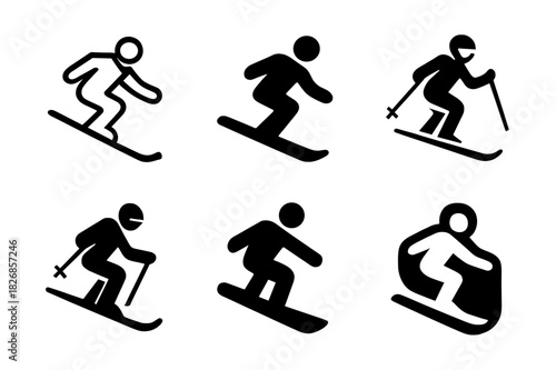 Snow Sports Logo Set. Skiing or snowboarding down a snowy mountain slope. Icon set. Set Logo of snowboarder. harmonious logo variations of the same emblematic