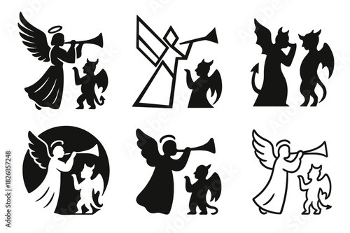 Celestial Emblems Collection. Christian beliefs about angels and demons. Icon set. Set Logo of Christian beliefs about angels and demons: celestial trumpet.