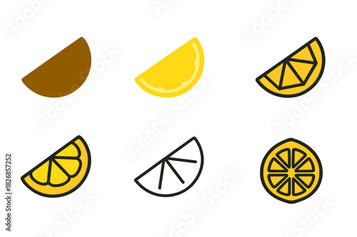 Lemon Logo Variations. Sliced Lemon. Icon set. Set Logo of sliced lemon: wedge with rind. harmonious logo variations of the same emblematic concept, each with
