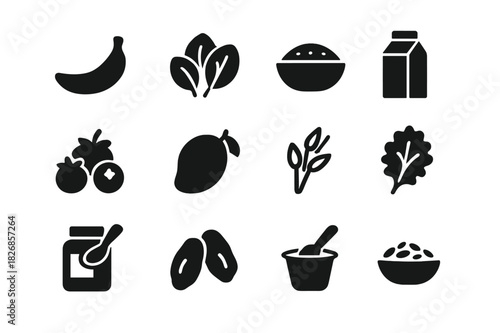 Smoothie Ingredients Icons. Smoothie ingredients. Solid icon set of smoothie ingredients: banana, spinach, chia seeds, almond milk, berries, mango, oats, kale,