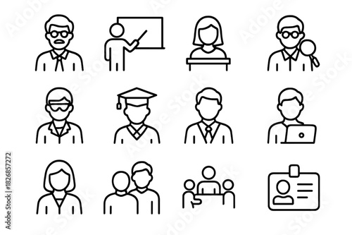 Faculty and Staff Icons. Faculty and staff. Line icon set of faculty and staff: professor, teacher, lecturer, researcher, lab assistant, advisor, dean, tutor,