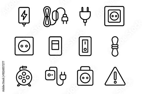 Electrical Safety Icons. Electrical safety. Line icon set of electrical safety: surge protector, extension cord, plug, power strip, wall socket, circuit