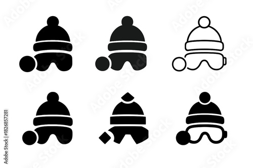 Snowball Fight Icons. Snowball fight. Icon set. Set Logo of snowball fight: winter goggles and beanie ready for play. harmonious logo variations of the same