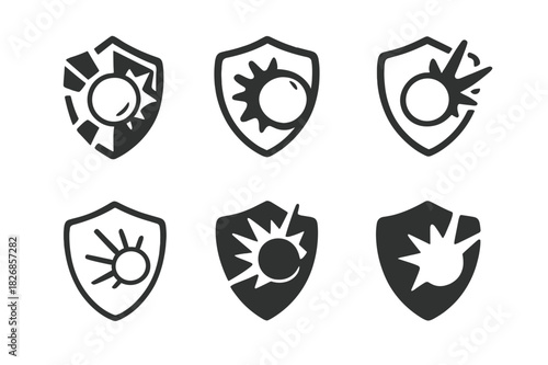 Snowball Emblem Icons. Snowball fight. Icon set. Set Logo of snowball fight: snowball impact burst against a shield. harmonious logo variations of the same