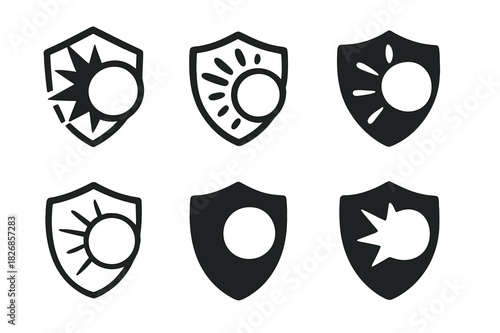 Snowball Emblem Icons. Snowball fight. Icon set. Set Logo of snowball fight: snowball impact burst against a shield. harmonious logo variations of the same