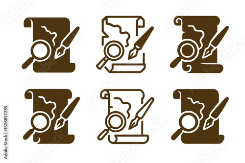 Antique Map Restoration Logos. Antique map restoration process. Icon set. Set Logo of antique map restoration process: rolled parchment with restoration tools.