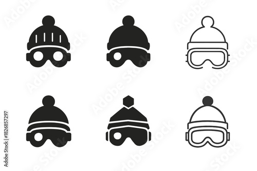 Snowball Fight Icons. Snowball fight. Icon set. Set Logo of snowball fight: winter goggles and beanie ready for play. harmonious logo variations of the same