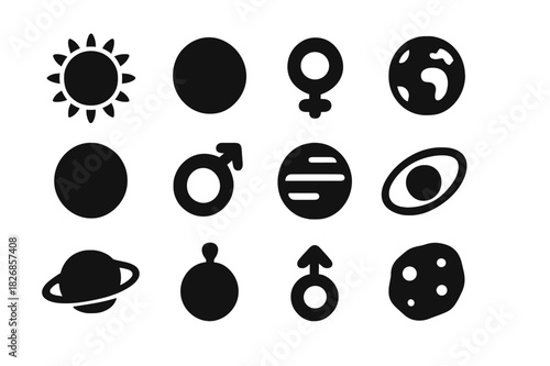 Solar System Icons. Solar System. Solid icon set of Solar System: sun, mercury, venus, earth, mars, jupiter, saturn, uranus, neptune, moon, orbit line,