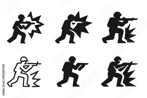 Soldier Emblems Collection. Soldier in battle. Icon set. Set Logo of Soldier in battle: Explosive burst. harmonious logo variations of the same emblematic
