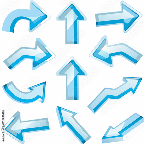 Collection of blue glass arrows pointing in various directions