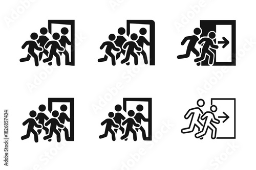 Evacuation Icons Set. Emergency evacuation of large groups in high-risk environments. Icon set. Set Logo of emergency evacuation of large groups in high-risk