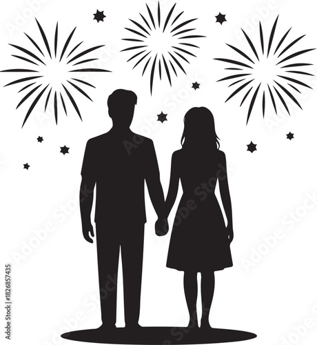 Couple holding hands under fireworks silhouette icon
