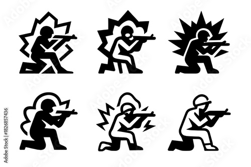 Soldier Emblems Collection. Soldier in battle. Icon set. Set Logo of Soldier in battle: Explosive burst. harmonious logo variations of the same emblematic