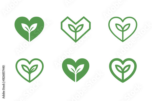 Plant-Based Diet Icons. Plant-Based Diet. Icon set. Set Logo of Plant-Based Diet: plant heart symbol. harmonious logo variations of the same emblematic