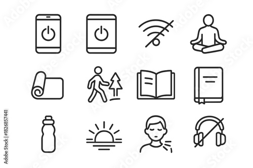Digital Detox Icons. Digital Detox for Health. Line icon set of Digital Detox for Health: smartphone off, tablet off, no Wi-Fi symbol, meditation pose, yoga