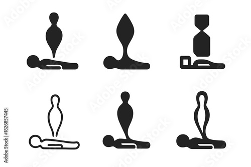 Soul Departure Icons. Soul leaving the body. Icon set. Set Logo of soul leaving the body: Human lying figure with ascending shape. harmonious logo variations