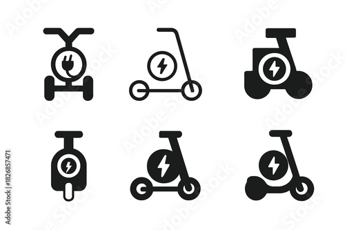 Futuristic Mobility Icons. Future of mobility. Icon set. Set Logo of future of mobility: electric scooter with charging symbol. harmonious logo variations of