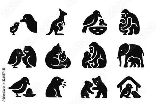 Parenting Icon Collection. Parenting and Care. Solid icon set of Parenting and Care: feeding young, carrying offspring, nest protection, cleaning, teaching,