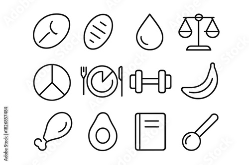 Macronutrient Icons Set. Macronutrient balance. Line icon set of macronutrient balance: protein icon, carb icon, fat drop, scale, pie chart, meal plate,