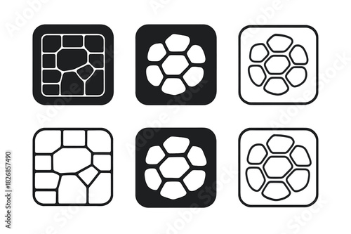 Stone Walkway Icons. Building a front walkway with stone. Icon set. Set Logo of building a front walkway with stone: blueprint layout of walkway tiles.
