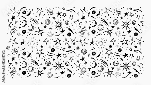 Hand drawn black and white star and celestial elements pattern