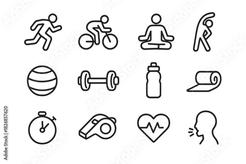 Sports Icon Set. Focused Performance. Line icon set of Focused Performance: athlete running, cycling, meditation pose, stretching, gym ball, dumbbell, water
