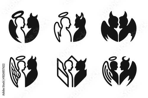 Angels and Demons Icons. Christian beliefs about angels and demons. Icon set. Set Logo of Christian beliefs about angels and demons: spiritual warfare symbol.