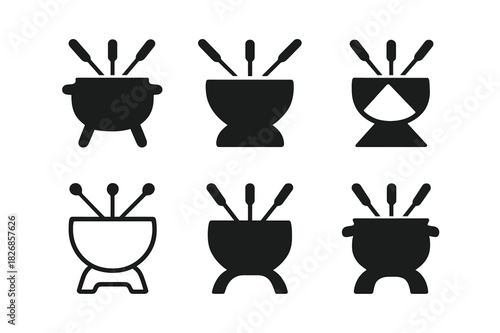 Hot Pot Icons. Preparing a hot pot or fondue for a social meal with friends. Icon set. Set Logo of Preparing a hot pot or fondue for a social meal with