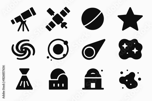 Cosmic Exploration Icons. Universe Exploration. Solid icon set of telescope, satellite, planet, star, galaxy, orbit, comet, nebula, light beam, observatory,