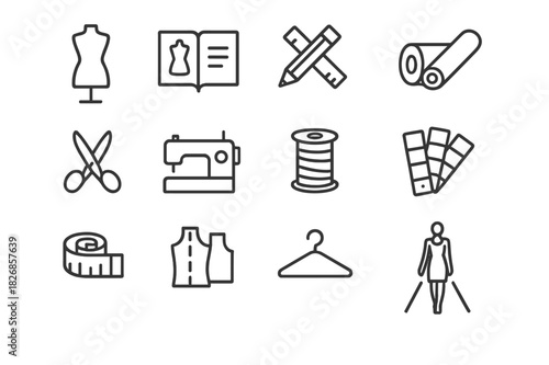 Fashion Design Icons. Fashion Design Process. Line icon set of Fashion Design Process: dress mannequin, sketchbook, pencil and ruler, fabric roll, scissors,