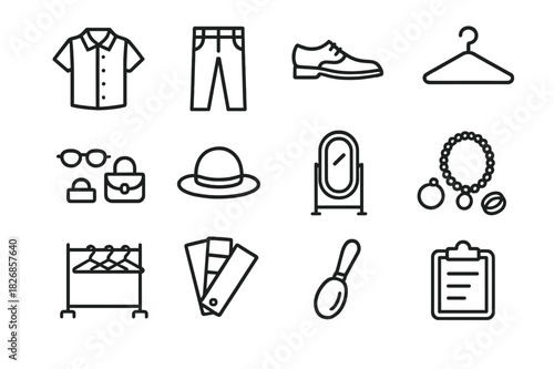 Wardrobe Icon Set. Wardrobe styling. Line icon set of wardrobe styling: shirt, pants, shoes, coat hanger, accessories, hat, mirror, jewelry, rack, color