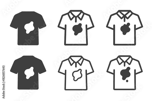 Stained Shirt Logos. Stained shirt. Icon set. Set Logo of stained shirt: shirt front with food blotch. harmonious logo variations of the same emblematic