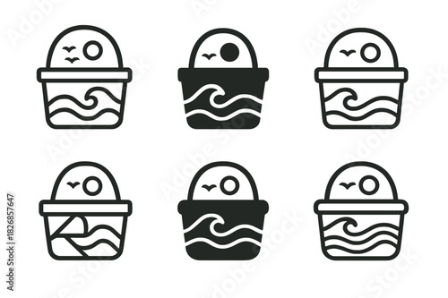 Beach Vacation Icons. Family vacation at the beach. Icon set. Set Logo of family vacation at the beach: picnic basket with sea breeze. harmonious