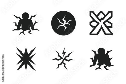 Frustration Icon Set. Frustration. Icon set. Set Logo of frustration: breaking wall crack. harmonious logo variations of the same emblematic concept, each with