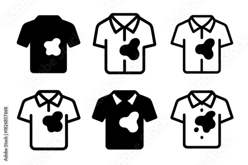 Stained Shirt Logos. Stained shirt. Icon set. Set Logo of stained shirt: shirt front with food blotch. harmonious logo variations of the same emblematic