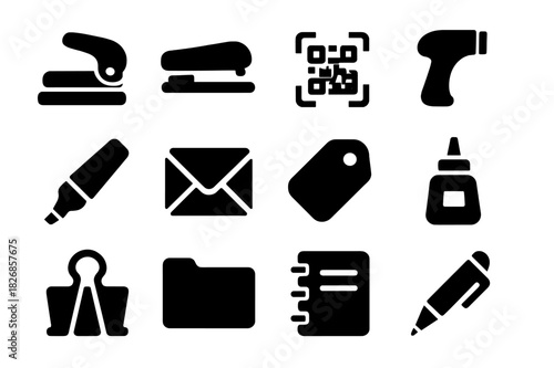 Ticket Tools Icons. Ticket tools. Solid icon set of Ticket tools: ticket punch, stapler, QR scanner, barcode reader, marker, envelope, label, adhesive, clip,