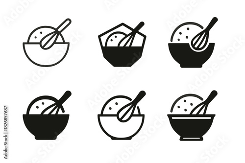 Homemade Pita Icons. Making homemade pita bread or flatbreads. Icon set. Set Logo of making homemade pita bread or flatbreads: mixing bowl and whisk.
