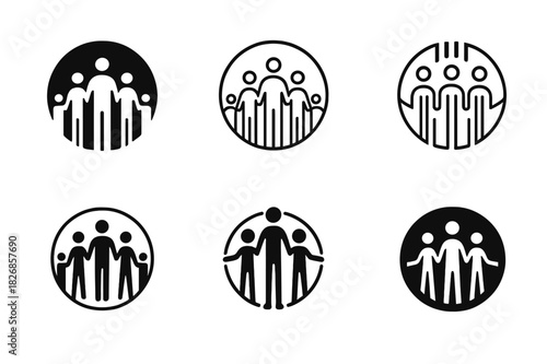 Age-Inclusive Logo Variations. Age-Inclusive Marketing. Icon set. Set Logo of Age-Inclusive Marketing: circle of people holding hands in various heights.
