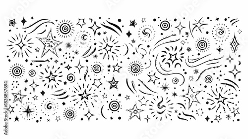 Collection of hand drawn black stars and celestial elements on white background