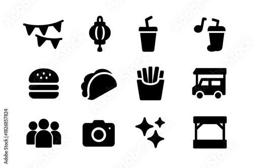 Street Festival Icons. Street celebration. Solid icon set of street celebration: bunting flag, lantern, music note, drink cup, burger, taco, fries, food truck,