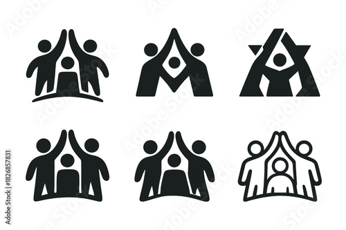 Fitness Challenge Icons. A group of friends doing a fitness challenge together, encouraging each other. Icon set. Set Logo of a fitness challenge: friends