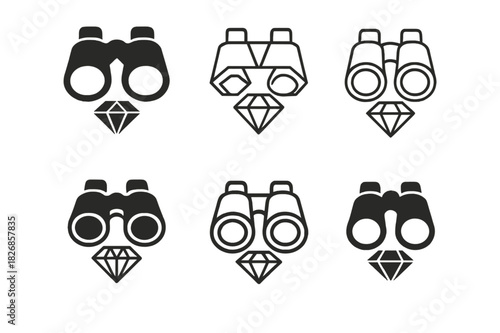 Gem-Focused Travel Icons. Hidden travel gems. Icon set. Set Logo of hidden travel gems: binoculars with gem reflection. harmonious logo variations of the same
