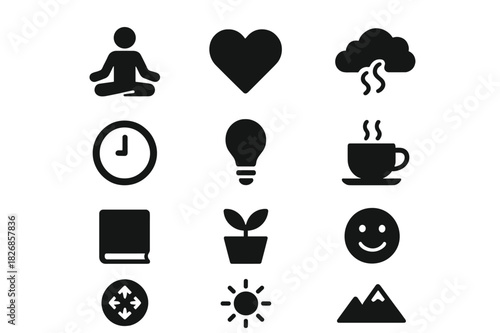Stress Management Icons. Stress management. Solid icon set of stress management: lotus pose, heart, cloud, clock, light bulb, cup, book, plant, smiley, breath