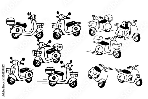 Collection of Hand Drawn Scooter Illustrations in Black and Whit