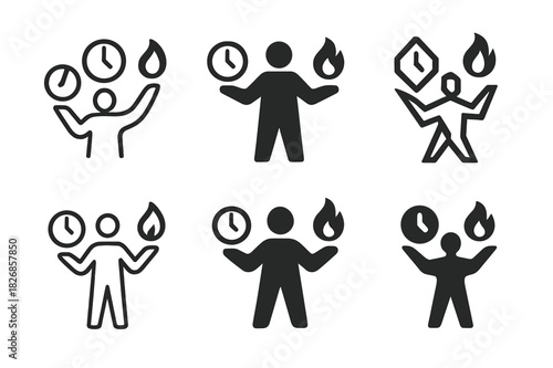 Work-Life Balance Icons. Work-life balance and managing burnout. Icon set. Set Logo of work-life balance: Person juggling time and energy. harmonious logo