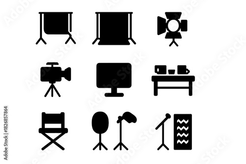 Studio Setup Icons. Studio setup. Solid icon set of studio setup: green screen, backdrop, lighting, camera, tripod, monitor, props table, director chair,